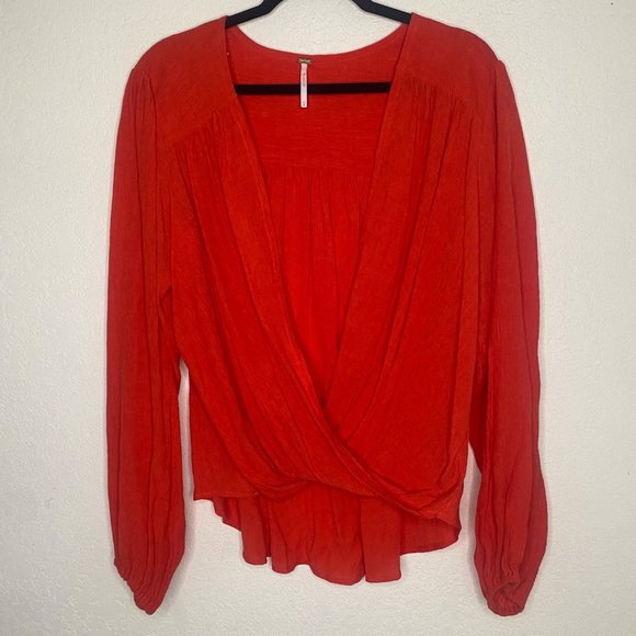Free People M Red Orange Long Sleeve Surplice Blouse Lagenlook High Low - Picture 1 of 16